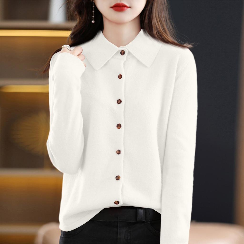 Женский модный повседневный кардиган однотонного цвета свободного кроя с длинными рукавами и отложным воротником