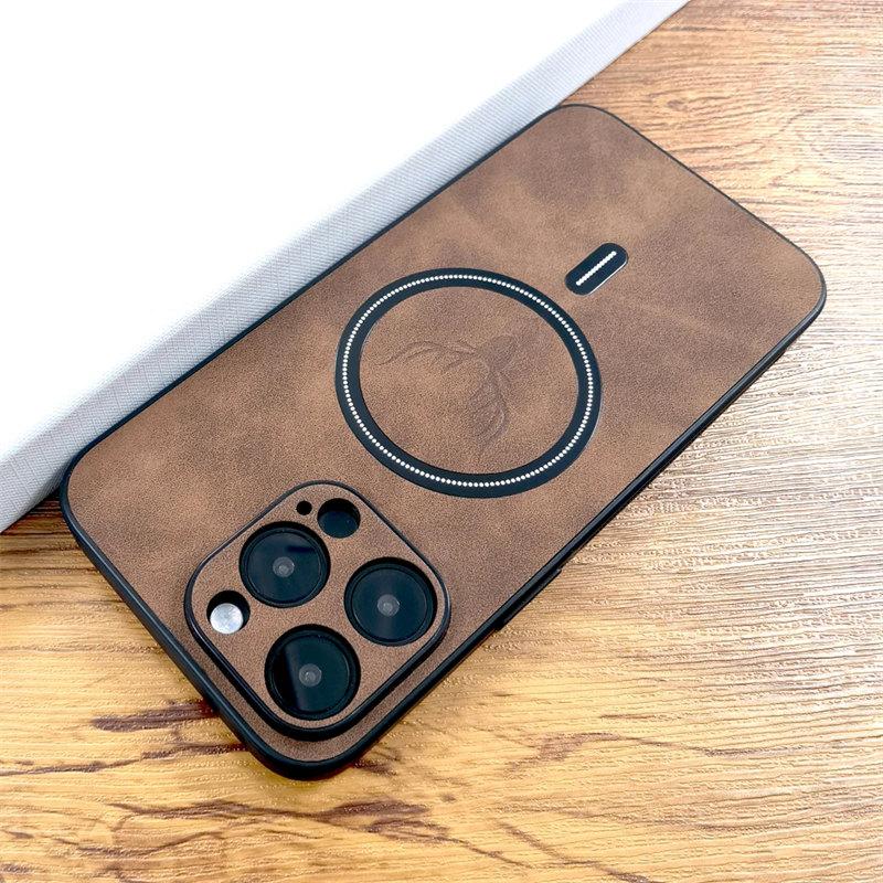 Luxury PU Leather Deer Case For iPhone 15 14 13 12 11 Pro Max 15Pro 14Pro 13Pro ProMax For Magsafe Wireless Charge Full Cover On