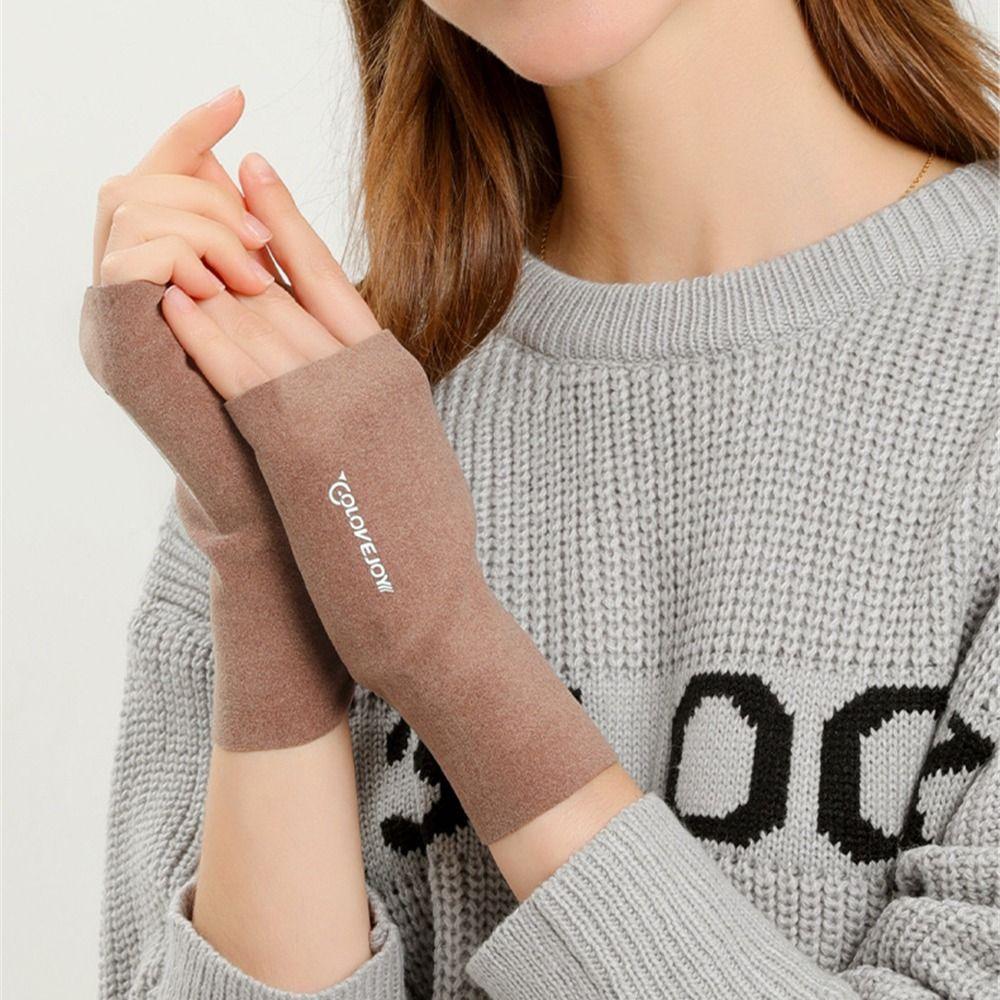 Women Warmth Autumn Knitted Gloves Half-finger Fingerless Mittens Plush