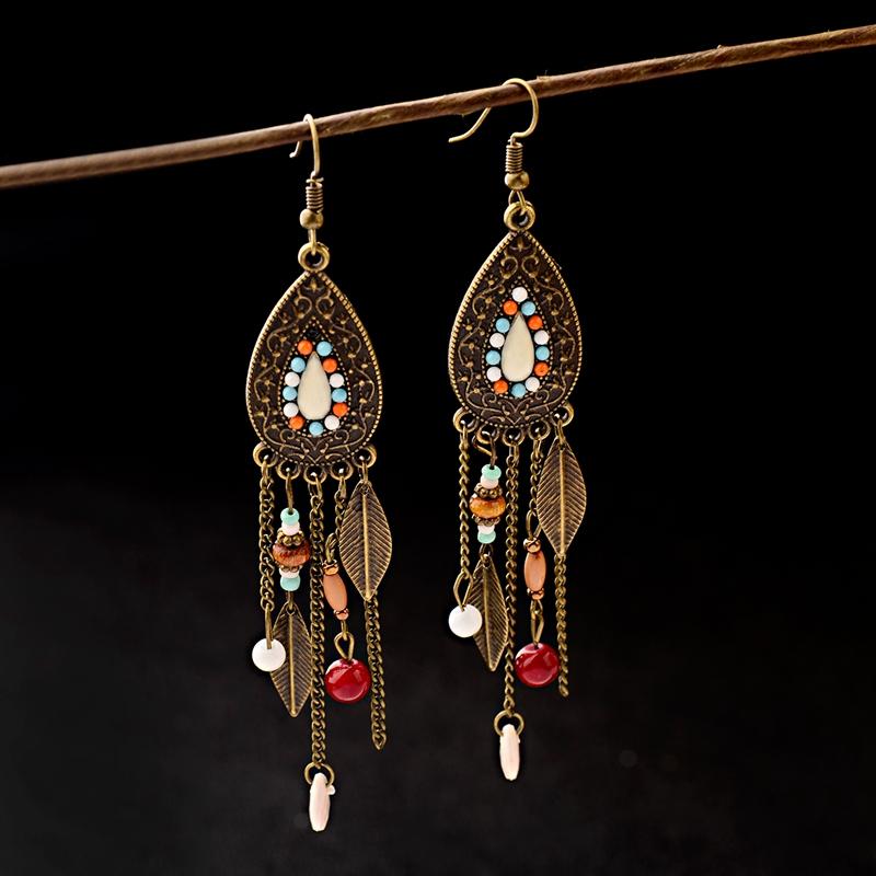 TopHanqi Womens Bohemia Ethnic Bronze Water Drop Earring Multicolor Stone Metal Leaf Pendant Long Tassel Earrings Indian Zircon