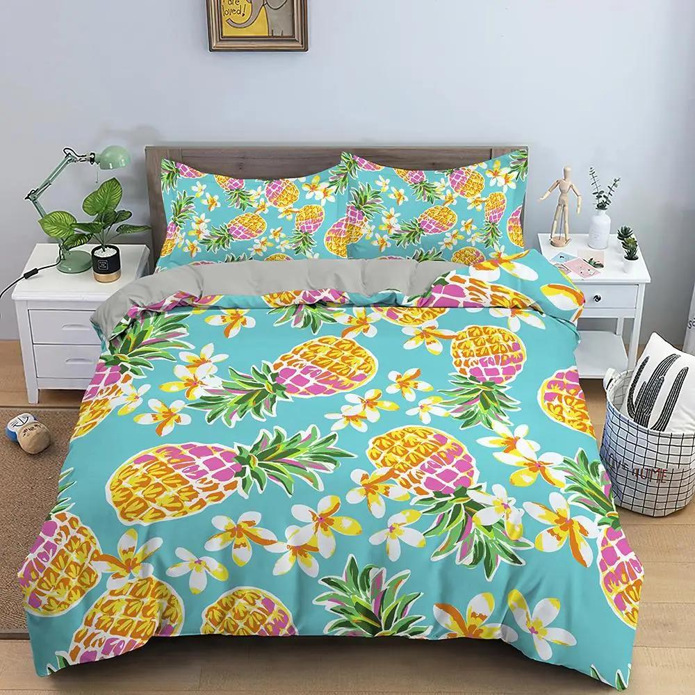 Pineapple Duvet Cover Set Queen Size Kids Colorful Pineapple Bedding Set Girls Teens Bedding Set Fruit Polyester Comforter Cover