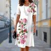 Fashion Womens Loose Graceful Flowers Print O Neck Short Sleeve Leaves Print Loose Streetwear A-line Dress
