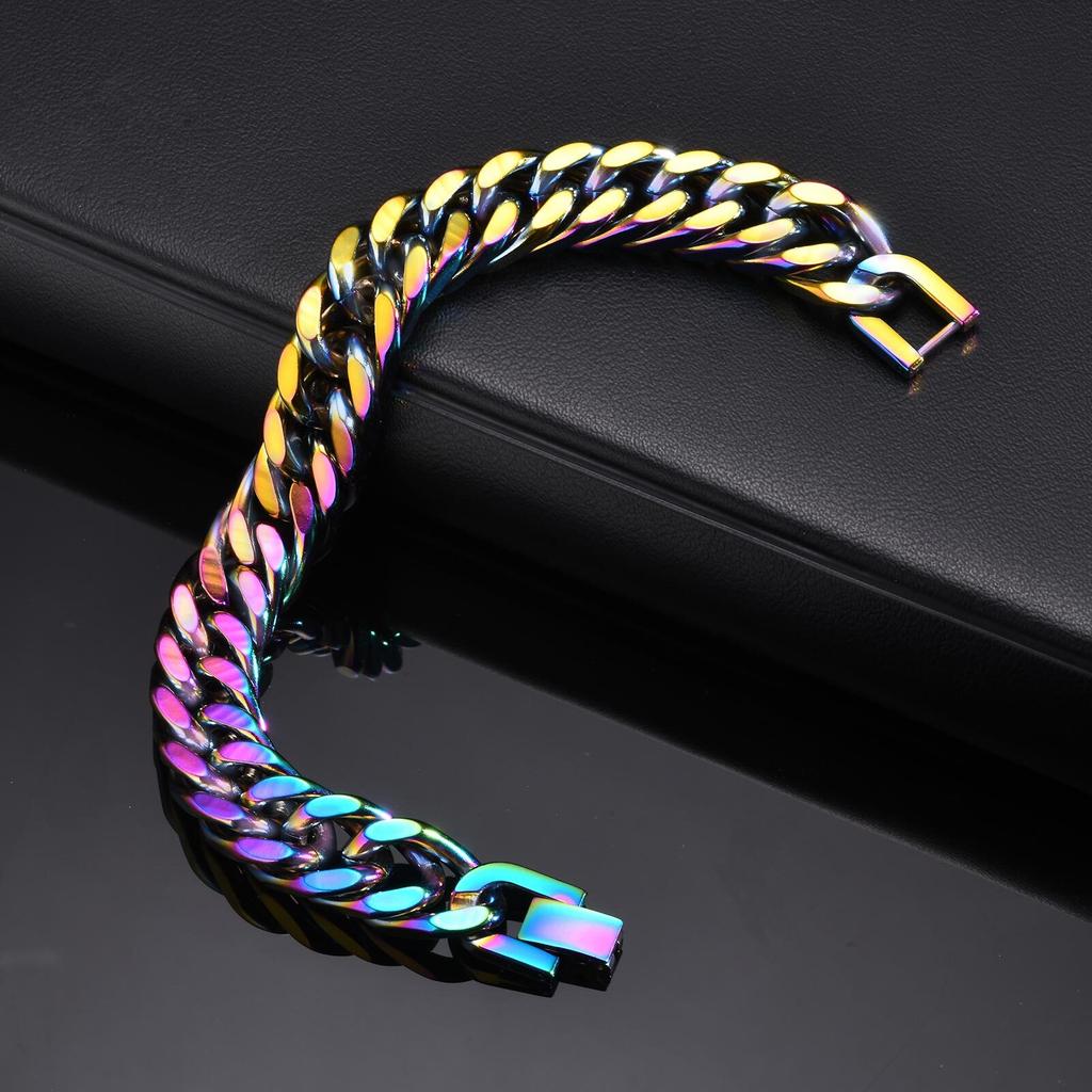 8mm/10mm/12mm Cuban Link Stainless Steel Man Bracelet Rainbow Colored Square Link Wristband Jewelry Gift for Dad Valentine's day