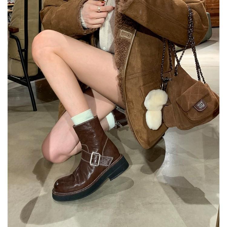 Виноградная мать те же ретро круглый носок толстый каблук ботинки-локомотивы темперамент универсальный ремень с пряжкой боковая молния полусапожки женские осень и зима