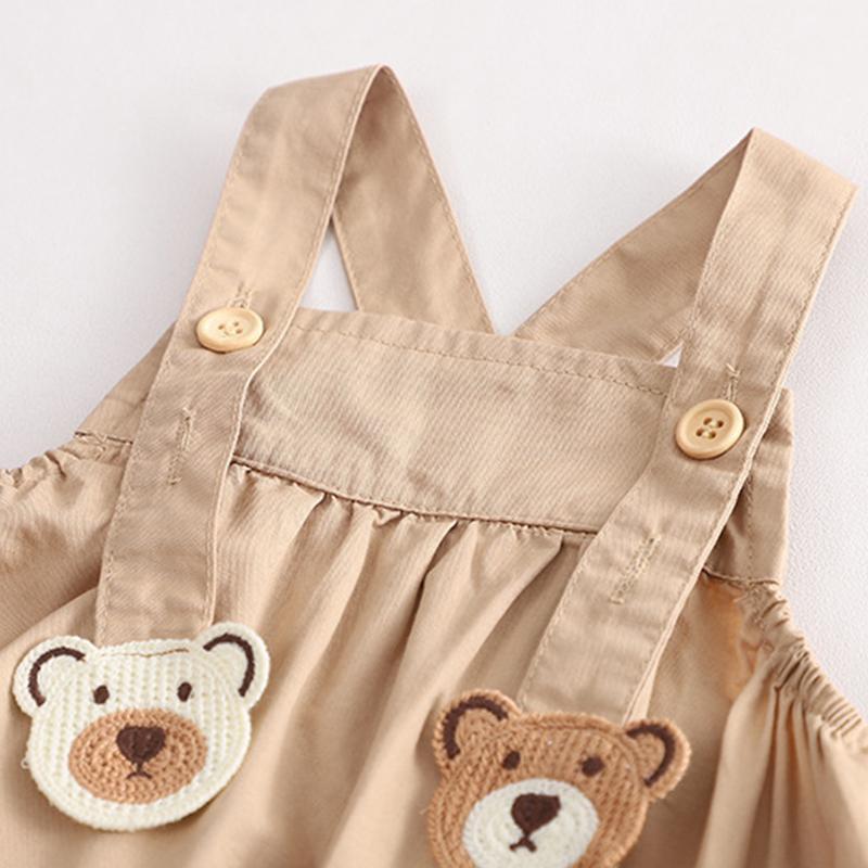 Летний комплект из 2 предметов для девочек - Футболка с круглым вырезом и принтом мультяшного медведя + Платье-сарафан - Милый повседневный наряд S-XXL