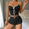 2 Pcs/Set Women Vest Shorts Suit Bow Heart Print Sleeveless Shirring Top High