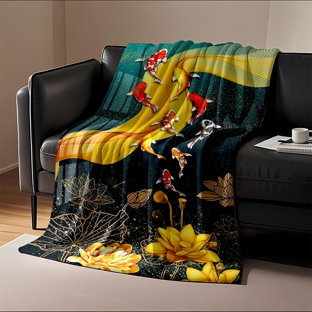 Colorful koi fish with lotus flowers design Flannel blanket for bedroom, living room, sofa, and nap sofas