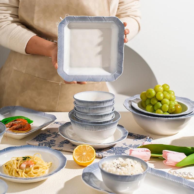 Обеденные тарелки во французском стиле, изысканные блюда, глубокая суповая тарелка, изысканный фруктовый салат, керамическая тарелка, синяя кромка, домашняя посуда