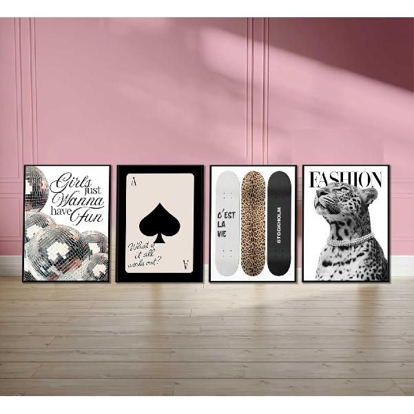 Модное леопардовое настенное искусство в стокгольмском стиле Декор стен комнаты Шикарный Роскошный Мода Y2k Гепардовые Постеры Диско-шар Девочки Хотят Веселиться Фотографии Печать