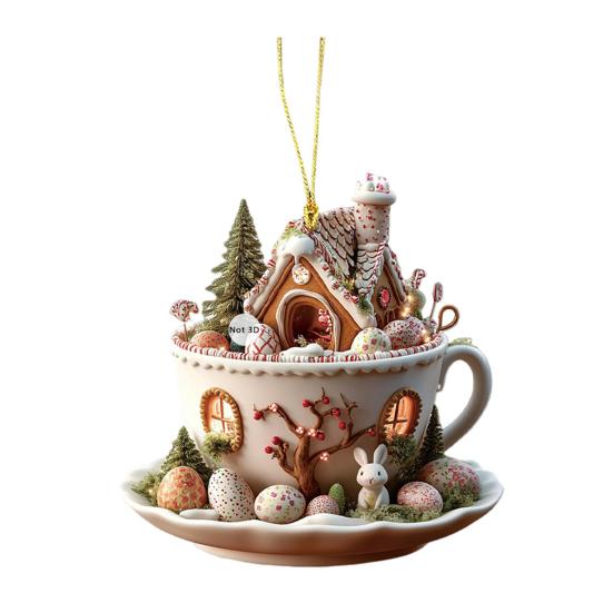 1Pc/5Pcs Easter Coffee Cup House Ornaments Chocolate Mug Bunny House Pendant 2D Acrylic Hot Cocoa Mug Spring Ornament for Holiday Home Decor