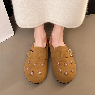 Модные весенние туфли-баотоу, женские модные туфли с круглым носком из замши, с глубоким вырезом, с металлической пряжкой, на мягкой подошве, противоскользящие, износостойкие, на плоской подошве