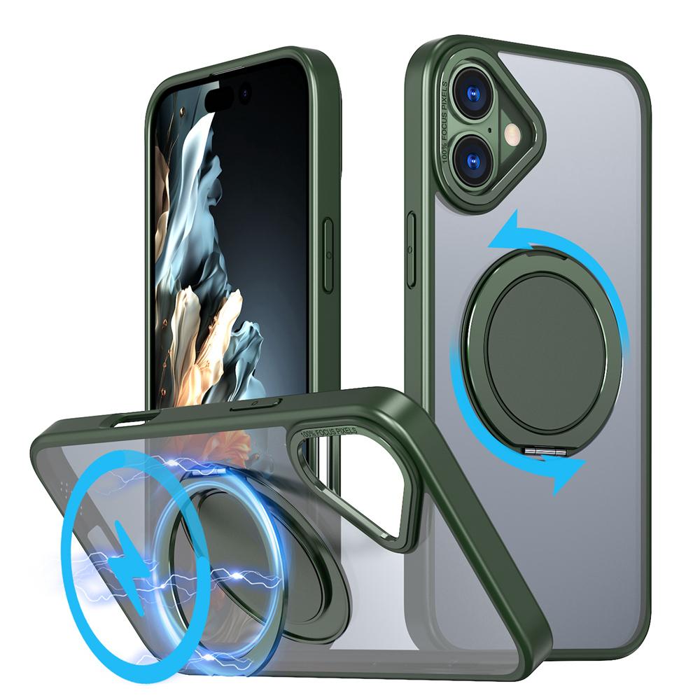 KEYSION Противоударный матовый чехол для MagSafe для iPhone 16 16 Plus с вращающимся на 360 ° магнитным кольцом-подставкой, прозрачная задняя крышка для телефона