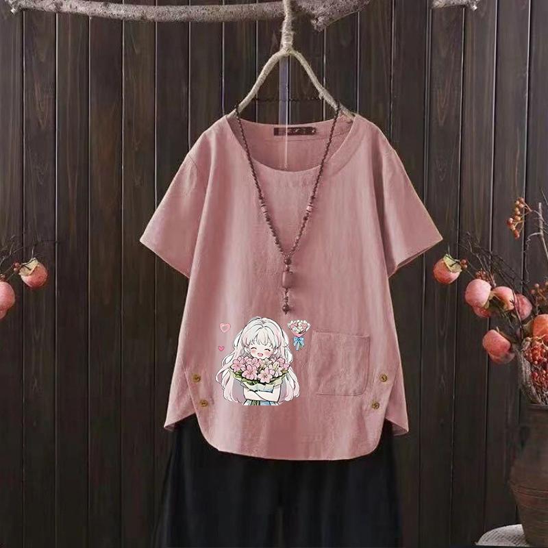 Футболка из хлопка и конопли с принтом Nordic Balloon Series и V-образным вырезом для женщин - повседневная одежда для лета 2025 г.