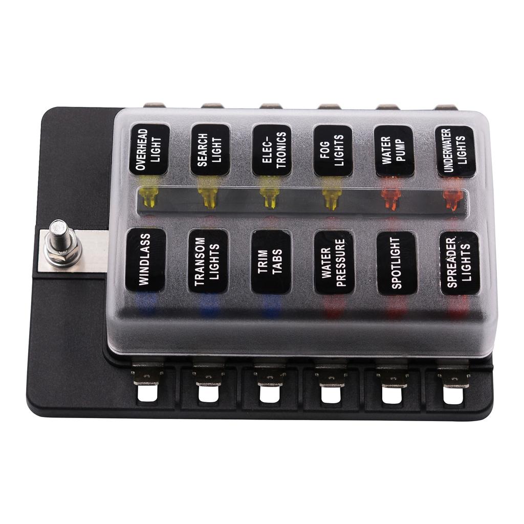 12 Ways Blade Fuse Holder Block, Car Boat Marine Fuse Box Holder Indicator 12V~24V Power Distribution Panel Board Car Kit Fuse