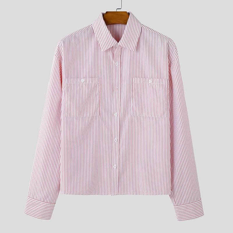 INCERUN Spring Men Lapel Long Sleeve Striped Shirts Casual Baggy Tops