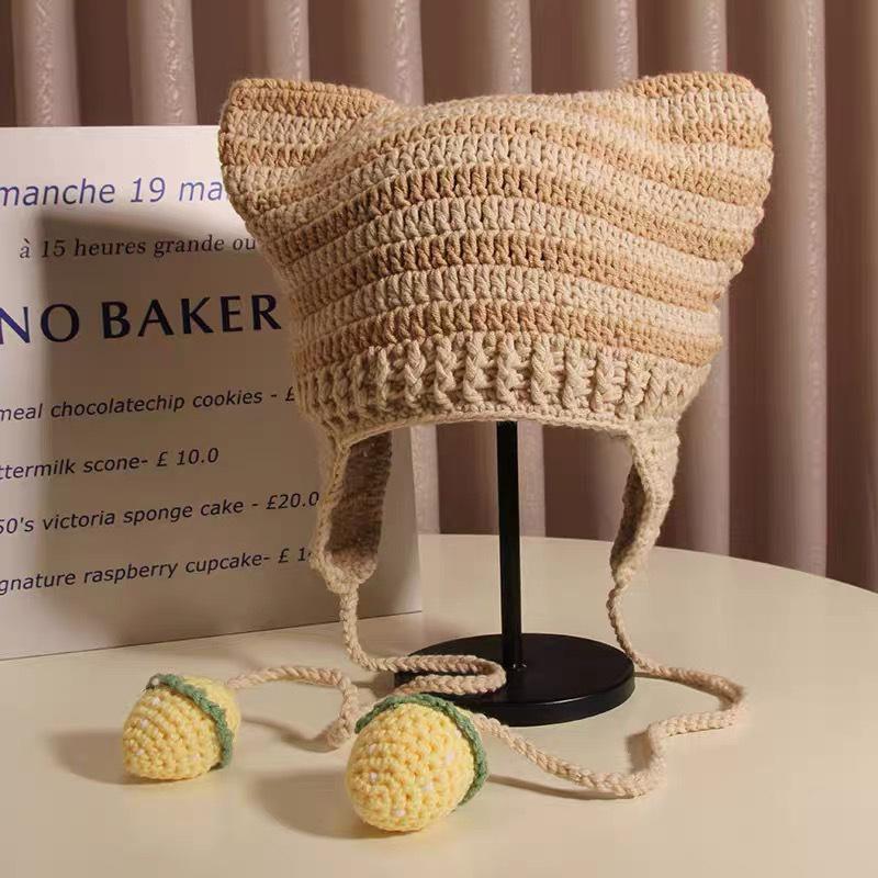 Женская шерстяная шапка с клубничным ремешком и кошачьими ушками в полоску, трикотажная защитная шапка для ушей, защищающая от холода