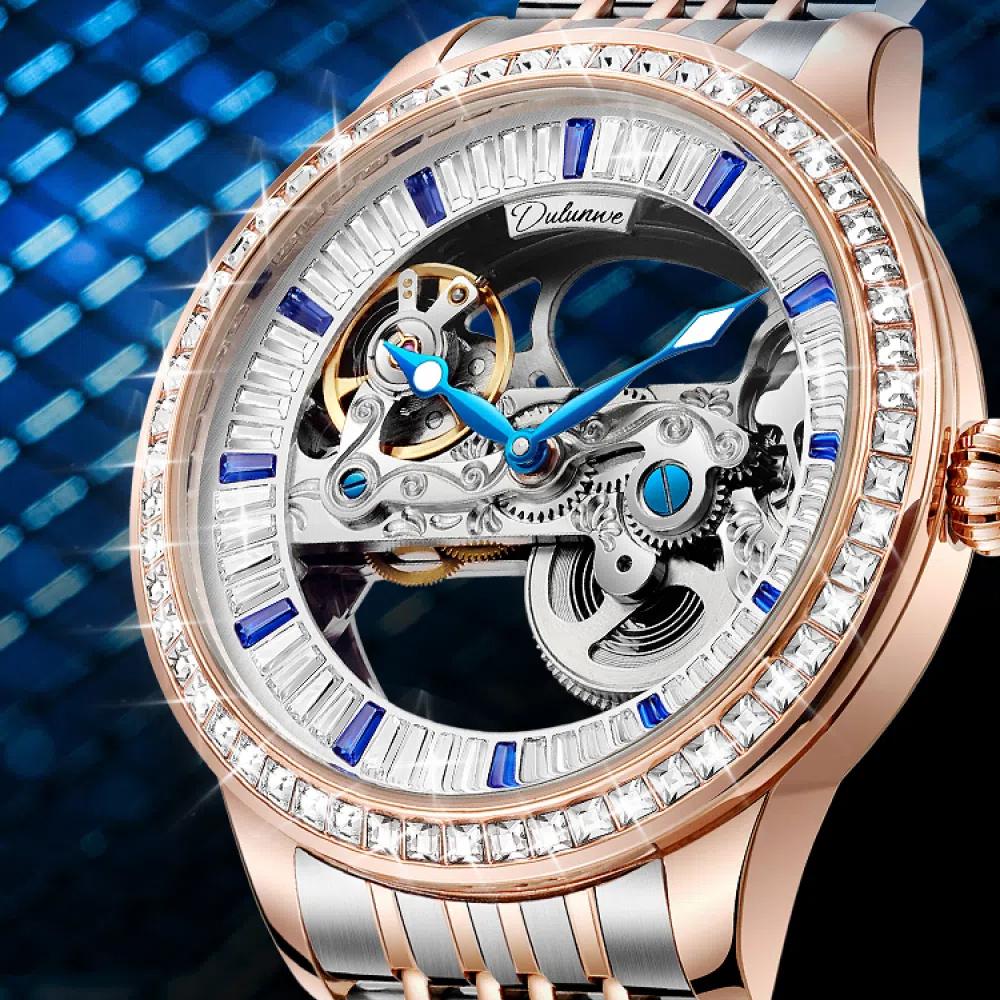 Dulunwe Роскошные полые автоматические наручные часы модные скелетонированные бриллиантовые мужские механические часы со стразами водонепроницаемые часы