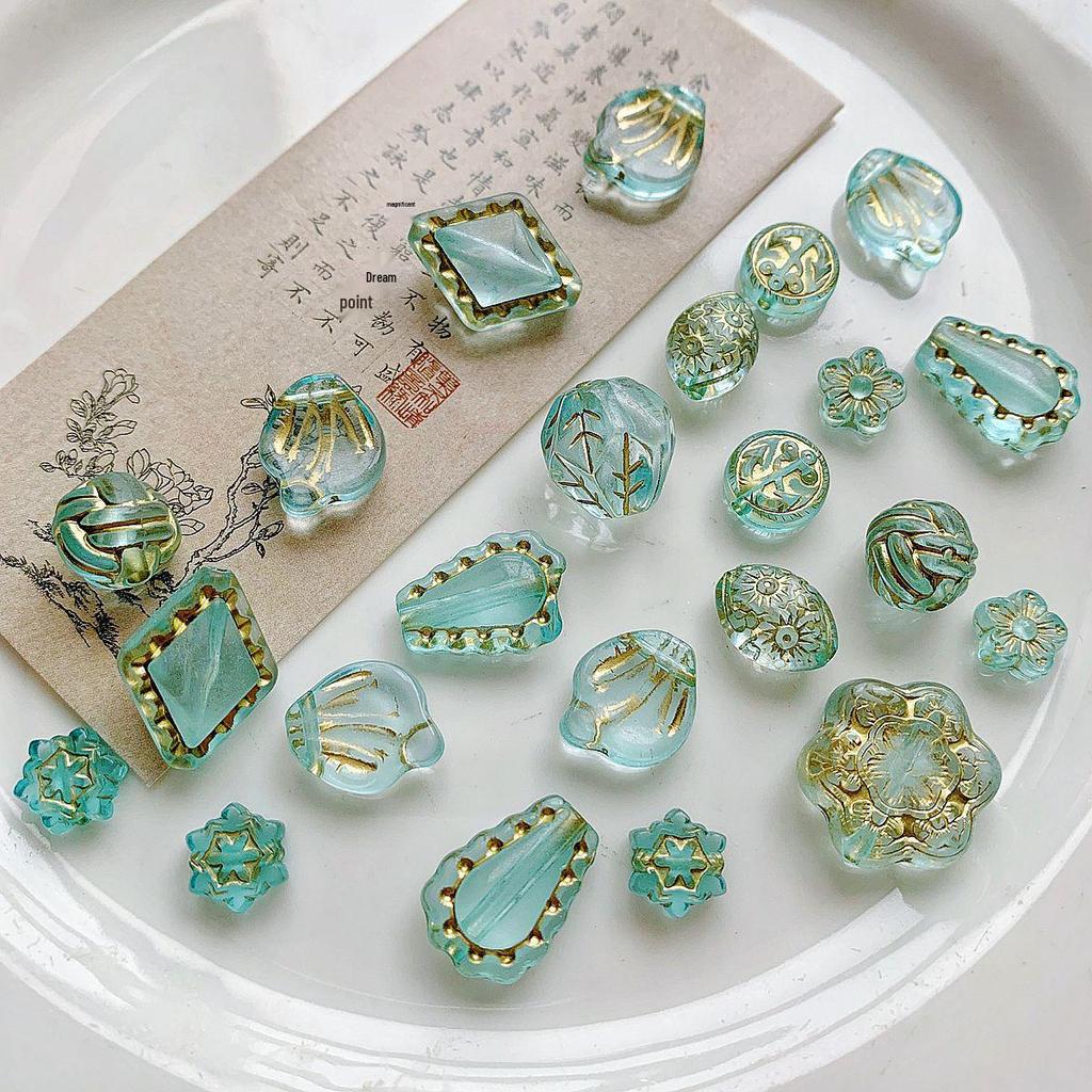 50g Mixed Vintage Gilt Czech Acrylic Beads: Amber, Powder Blue, Butterfly, Heart for DIY Beading