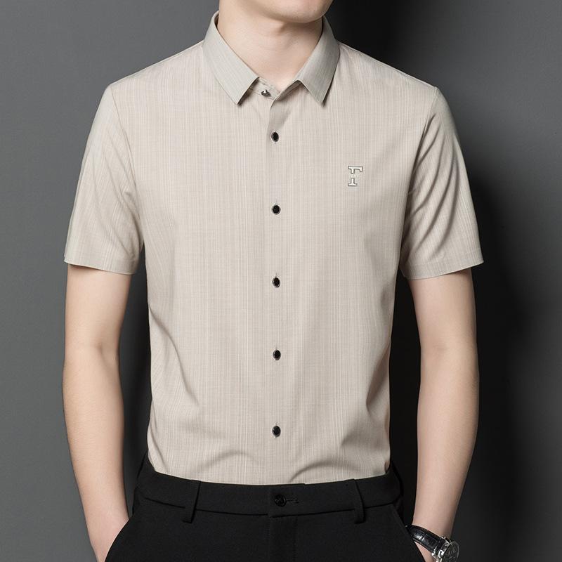 Summer New Young and Middle-Aged Thin Striped Solid Color Short Sleeve Shirt Men's Lapel Business Casual Shirt Men