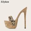 Модные Eilyken 2025 Новые Летние Леопардовые Шлепанцы Женская Мода Открытый Носок Слипоны Сандалии на Платформе Мюли Высокий Каблук 17 СМ Обувь Размер 35-42