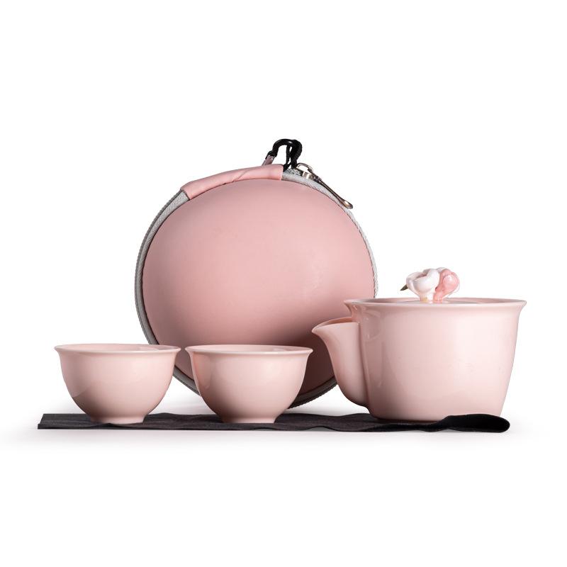 Handmade pink pinched flower travel express cup portable storage bag kung fu tea set outdoor women's ceramic teapot