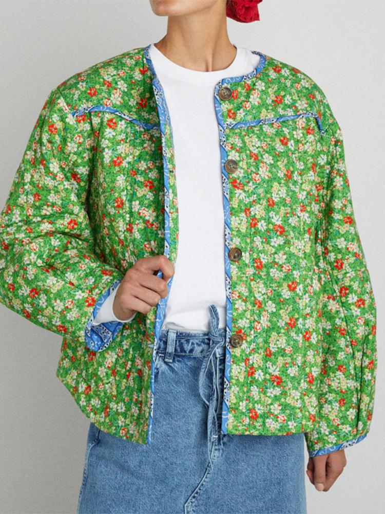 New Floral Printed Long Sleeve Jacket Women Round Neck Contrasting Colors Button Pockets Clothing Ethnic Harajuku Vintage Quilted Cotton Coats