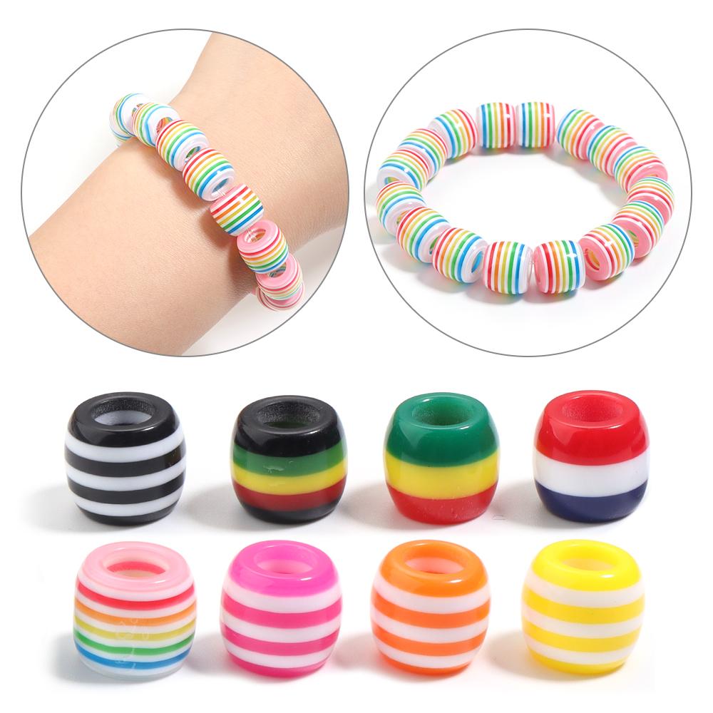50pcs/lot Barrel Shape Rainbow Striped Resin Beads Big Hole Spacer Beads DIY Bracelet Necklace Jewelry Making Accessories