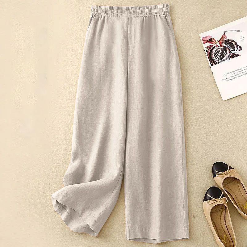 Women Summer Loose Cotton Linen Cropped Pants Solid Color Loose Nine Point Drop Feeling Casual Pants Breathable Straight Trouser