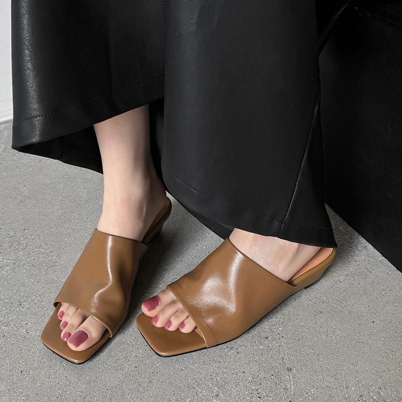 Тапочки с открытым носком и покатым каблуком, женские, 24, летние, толстый каблук, мягкая квадратная головка, модная одежда, простые, односложные тапочки