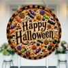 Vintage Candy Theme Spooky Pattern Round Wooden Hanging Plaque Wall Art Decor Front Door Welcome Sign for Halloween Party Home Ornament