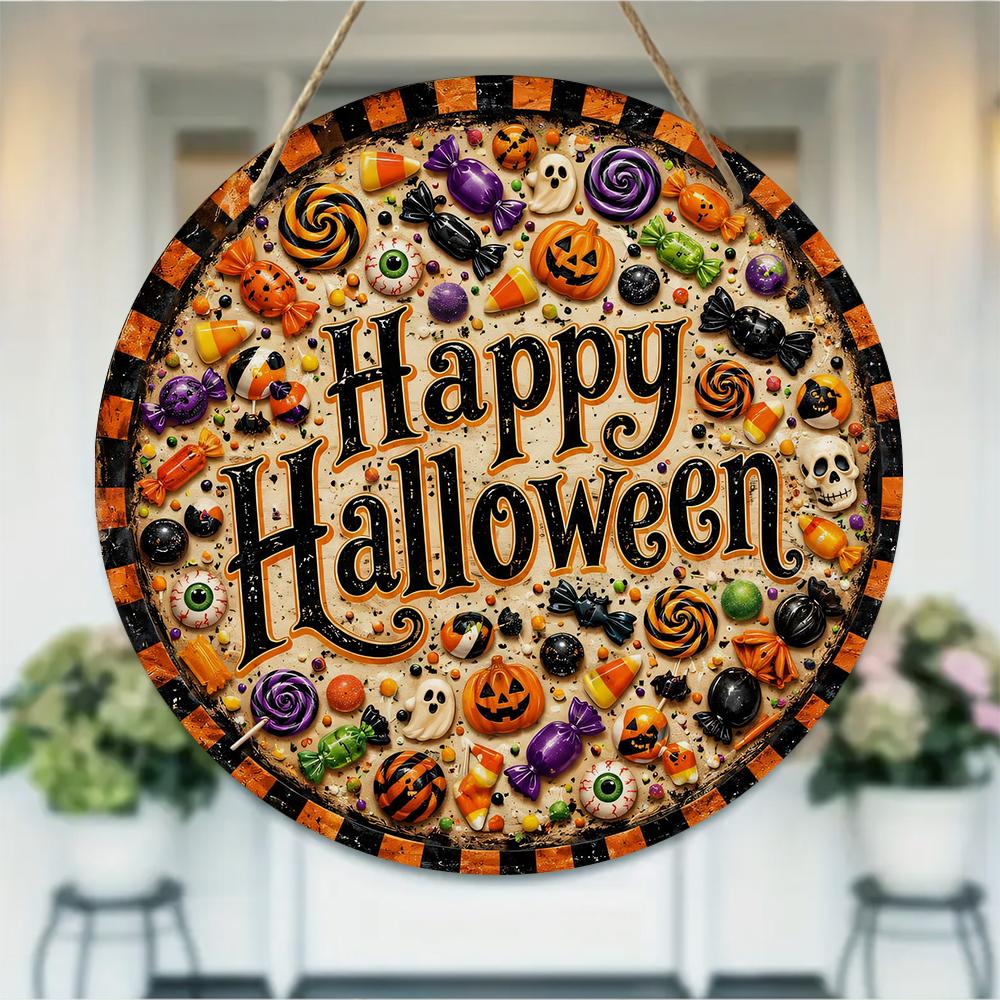 Vintage candy theme spooky pattern Round Wooden Hanging Plaque wall art decor front door welcome sign for Halloween party home ornament