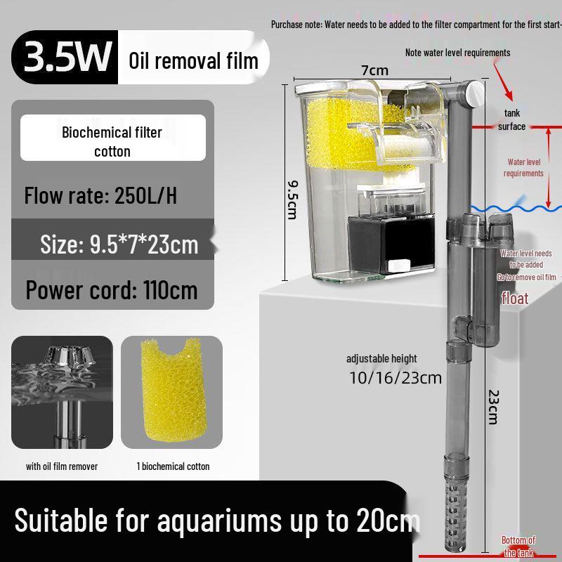 Настенный фильтр для аквариума: Бесшумный насос 3-в-1 для циркуляции, очистки, удаления масляной пленки и оксигенации.