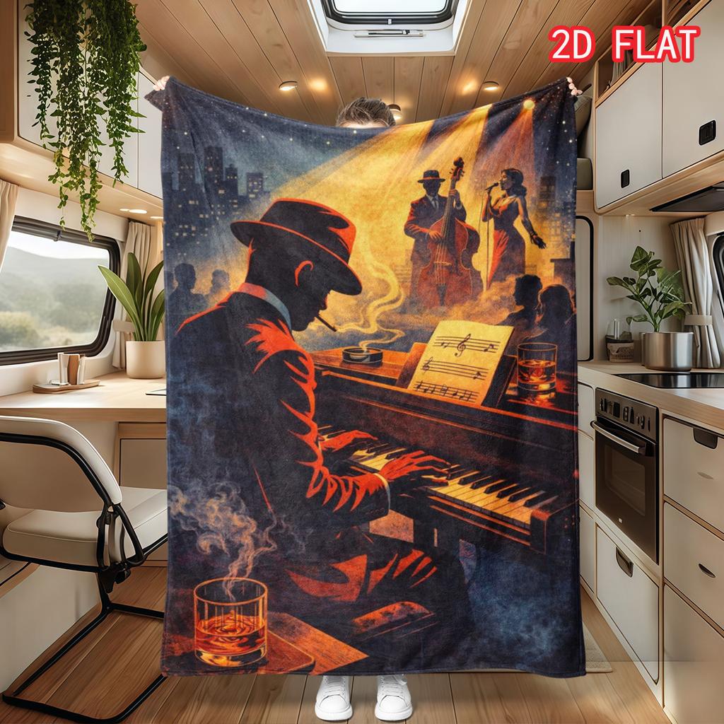 Retro Jazz Piano Player Flannel Blanket, Nightclub Music Silhouette Design Cozy Throw