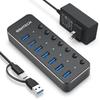 RSHTECH USB Hub with Power 7 Aluminum USB 5Gbps High Speed and 5V 3A Power Independent Switch 3.0 Supply, Ports, Hub, Transfer, Self-Powered