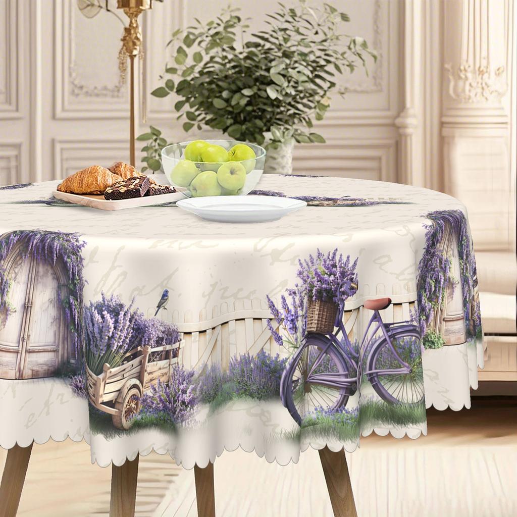 Charming Lavender Retro Round Tablecloth, Purple Floral And Bicycle Garden Design - Rustic Grid