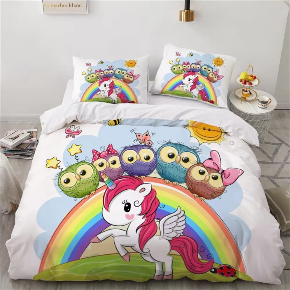 Children Bedding Sets Gifts Unicorn and Colorful Horse Printing Duvet Cover Sets for Kids Girls Boys 2/3 Pcs Single Pink Quilts