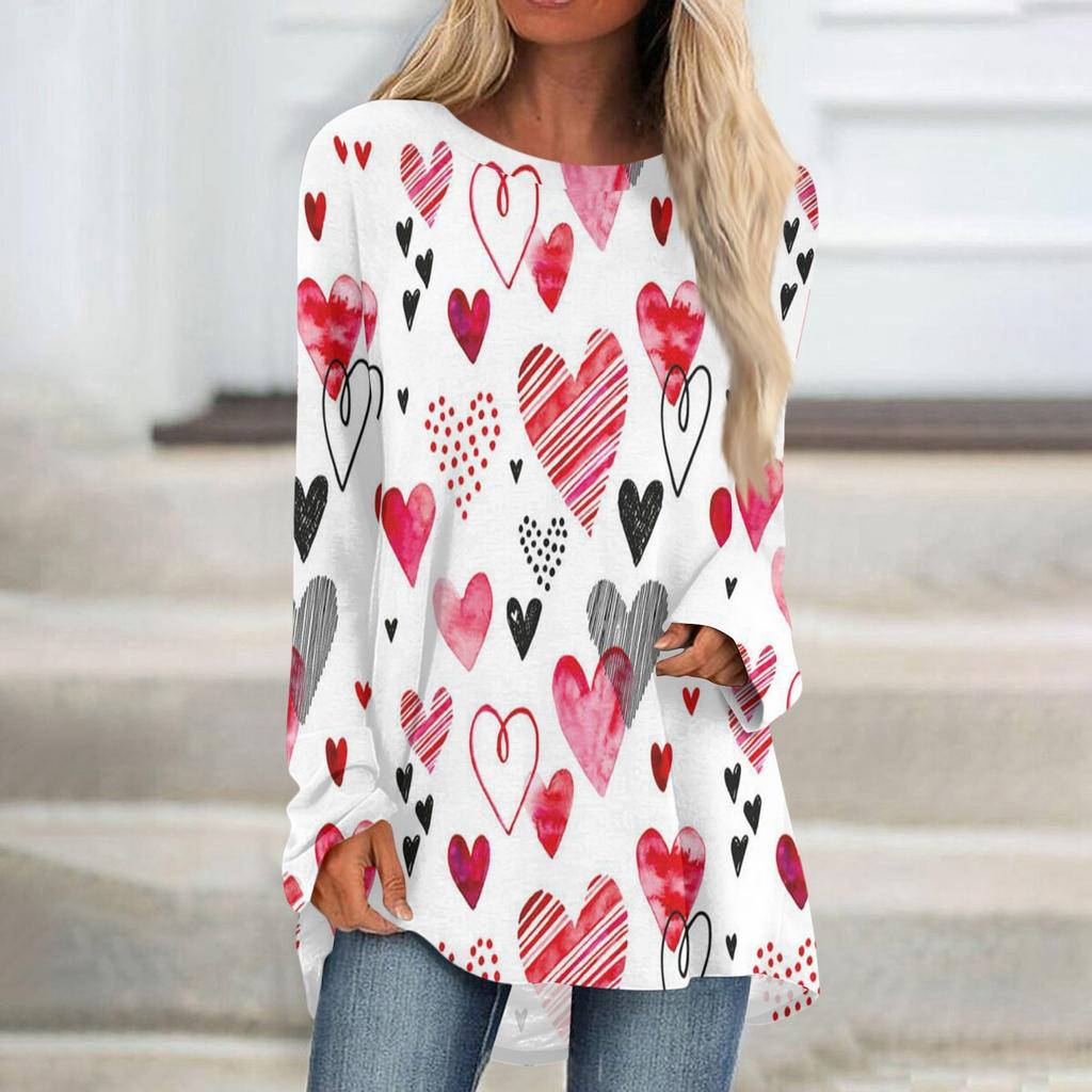 Женская мода повседневная блузка с длинным рукавом и принтом «Любовь ко Дню святого Валентина», круглый вырез, пуловер