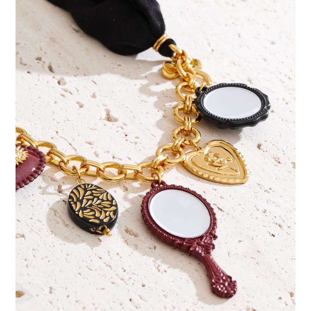 Yhpup Autumn Winter Style Black Polyester Cloth Chain Acrylic Heart Flower Mirror Drop Charm Necklace Stainless Steel Jewelry