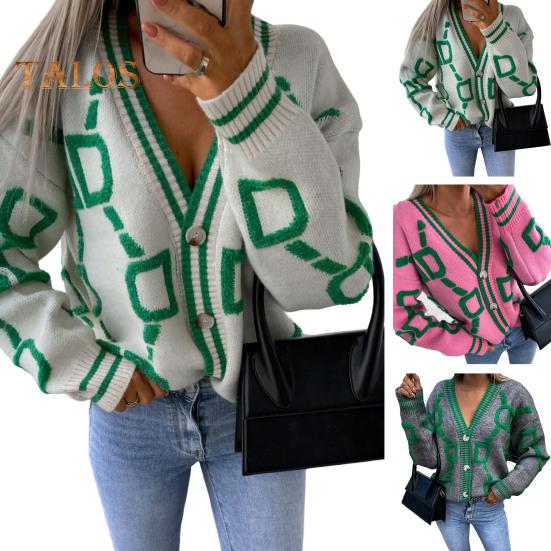 Женский свитер, пальто с V-образным вырезом, длинный рукав, однобортный вязаный свитер с буквенным принтом, свободный крой, теплый вязаный кардиган