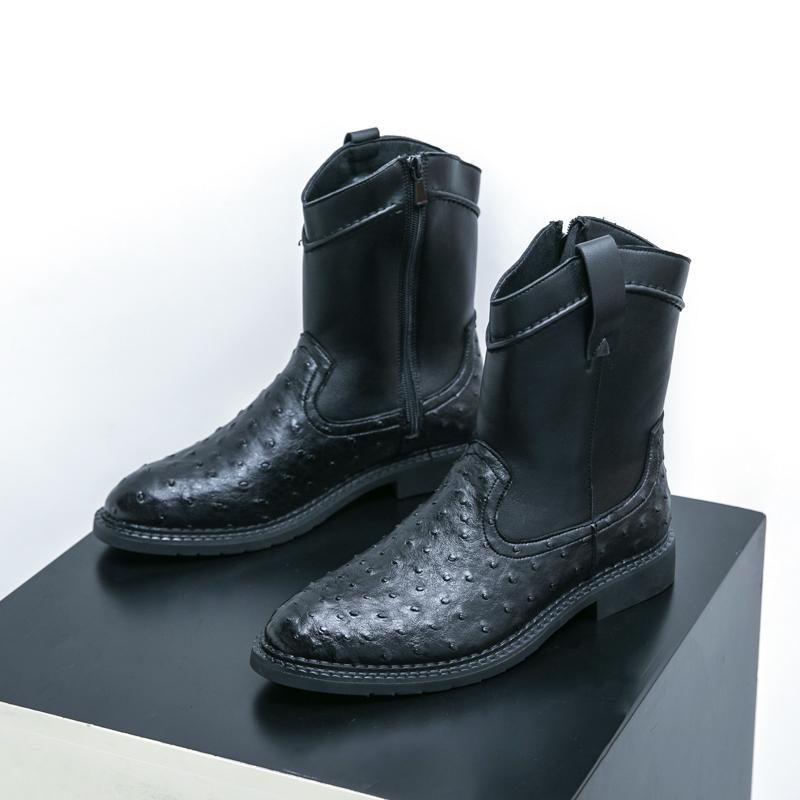 Fashion New Men Boot Trendy Outdoor Winter Platform Pointed Toe Mid Heel Motorcycle Boots Zipper Solid Color Pu Leather Rome Boots Men