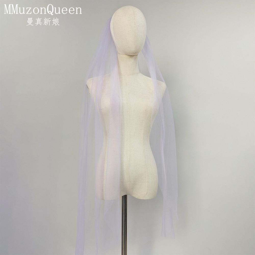 Plain Solid Color Tulle Bridal Veil Single Layer Soft Flowy Simple Wedding Veil White Lavender Light Blue Floor Length Veil For Bride Elopement Shoot