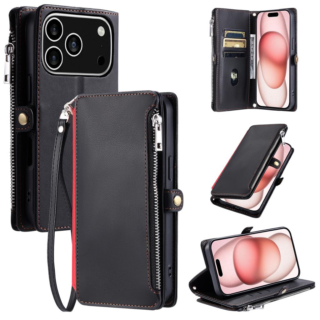 For iPhone 17 Pro Case TPU+PU Leather Wallet Phone Cover with Wrist Strap