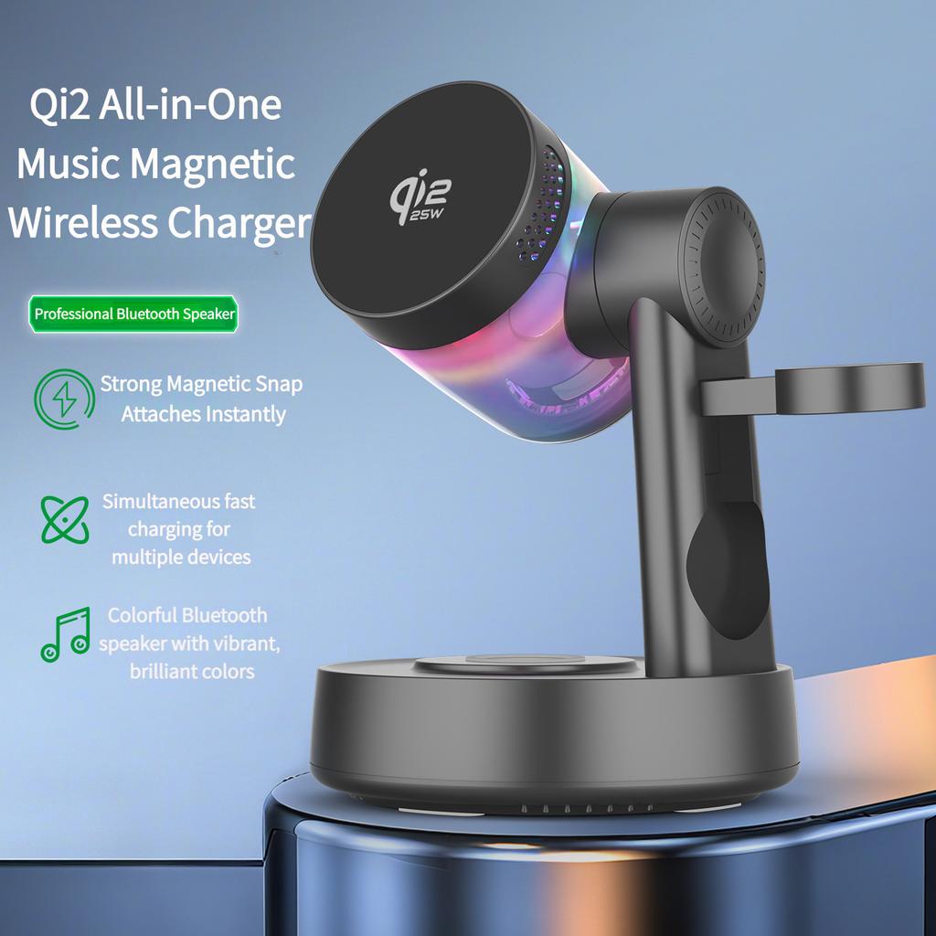Qi2.2 3-in-1 Wireless Charger with Bluetooth Speaker, 25W Magnetic MagSafe Charging Station for iPhone 16/17/AirPods/Apple Watch