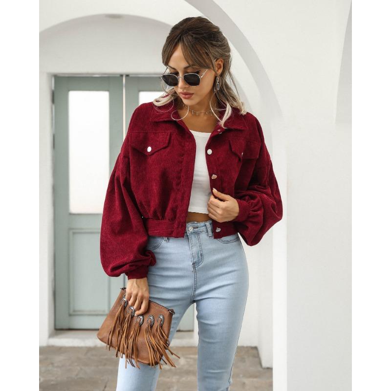 Женская повседневная вельветовая куртка с лацканами, осенне-зимняя однобортная короткая куртка с рукавами-фонариками