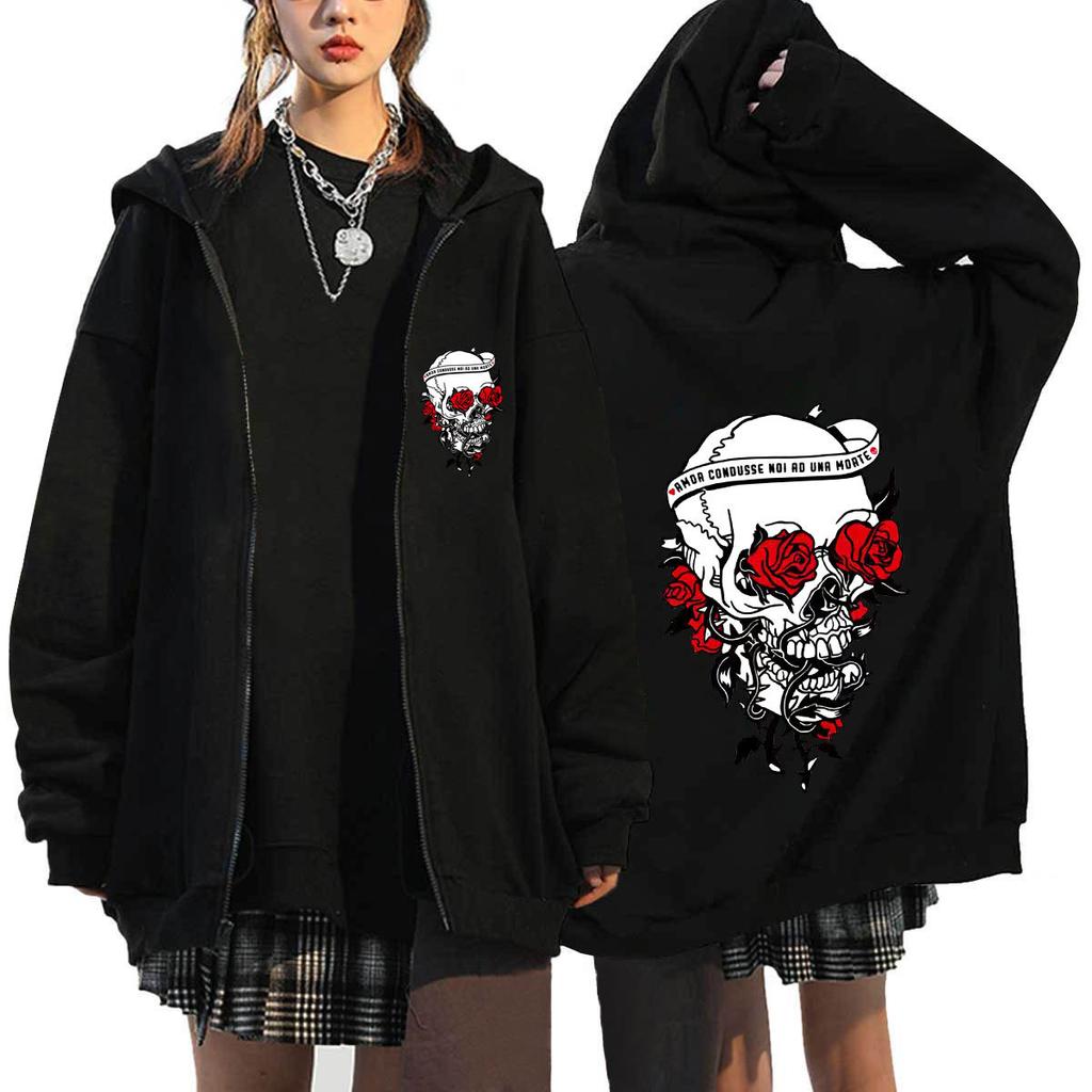 Темно-серый худи на молнии с принтом на груди для мужчин и женщин, готический, с длинным рукавом, флисовые толстовки, осенне-зимняя ретро куртка-пальто