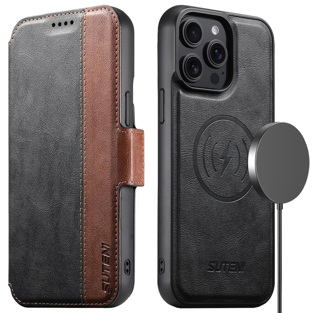 SUTENI Q-07 Чехол для iPhone 16 Pro Max Магнитный Цветная вставка Текстура коровьей кожи Кожаная накладка