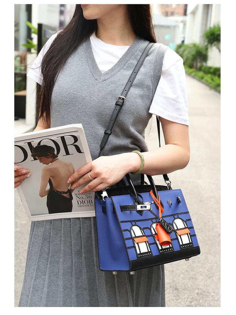 Cowhide Crocodile Contrast Color Platinum Shoulder Handbag - Genuine Leather Women's High-End Messenger Bag