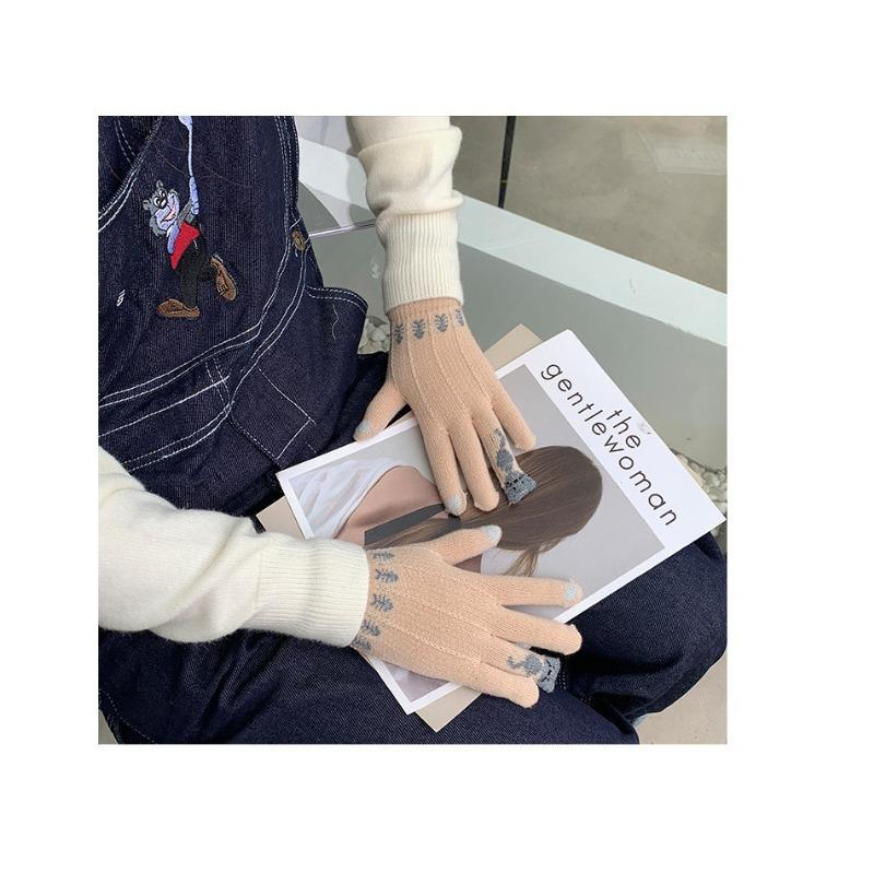 Перчатки с сенсорным экраном, красные, с разделенными пальцами, для девочек, зимние, милые, корейская версия, утолщенные плюшевые, для велоспорта, теплые, зимний тренд