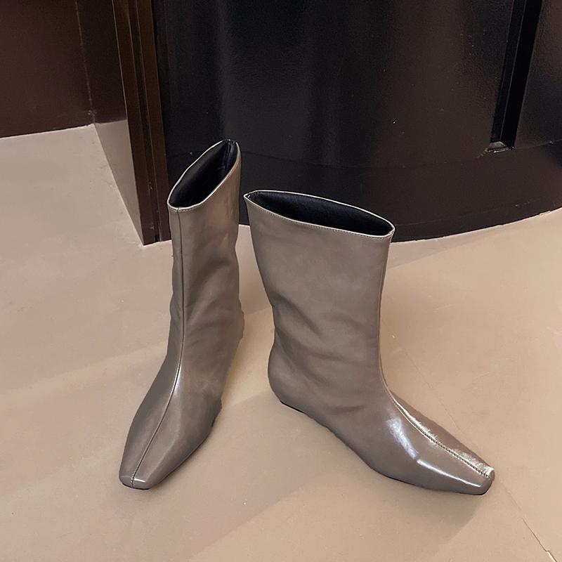 Дизайнерские женские сапоги-рыцари с квадратным носком, стройнящие, элегантные женские ботильоны на танкетке, на низком каблуке