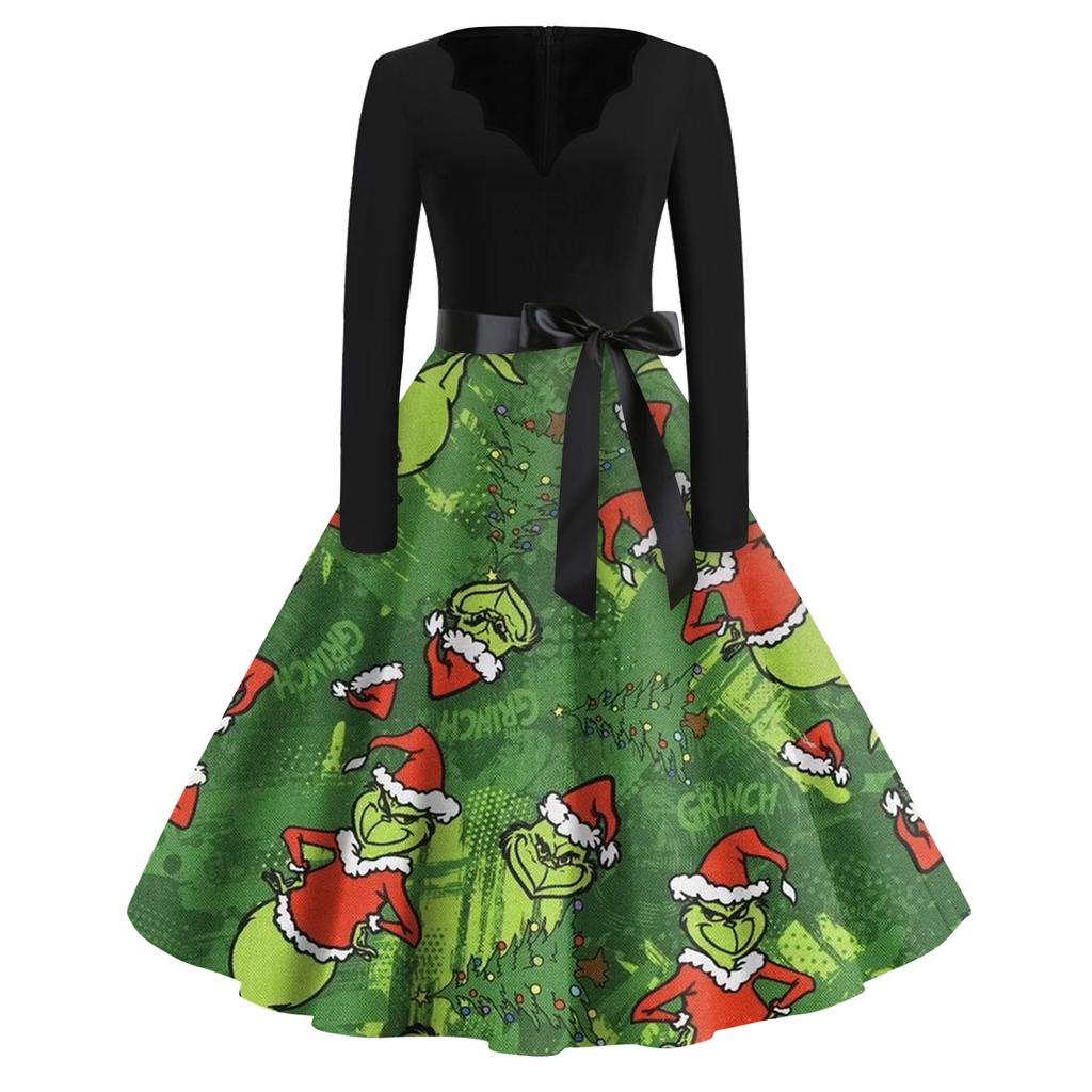 Women's Fashion V-neck Casual Slim-fit Christmas Print Long-sleeved Dress
